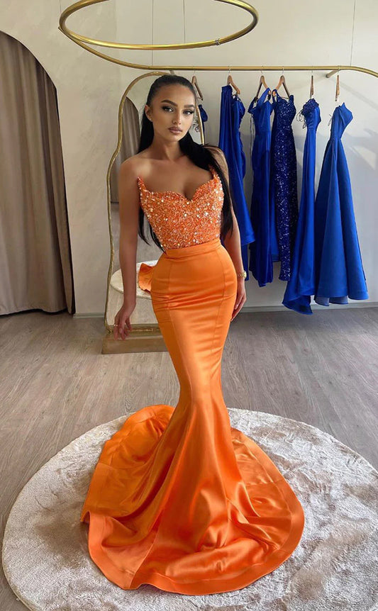 RP1650-Gorgeous Orange Mermaid Sweetheart Sequins Sleeveless Satin Prom Evening Dresses Formal Party Gowns With Train