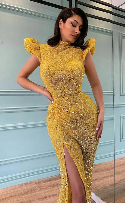 RP1669-Sparkling Yellow Mermaid High Neck Sequins Cap Sleeves Prom Evening Dresses Formal Party Gowns With Slit