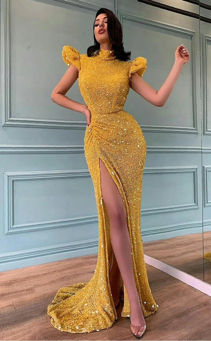 RP1669-Sparkling Yellow Mermaid High Neck Sequins Cap Sleeves Prom Evening Dresses Formal Party Gowns With Slit