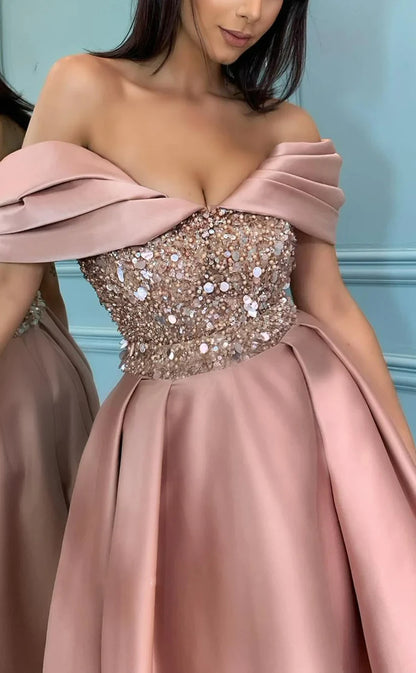 RP460-Classic A-Line Off-the-Shoulder Beads Sequins Sleeveless Knee Length Prom Evening Dresses Formal Party Gowns