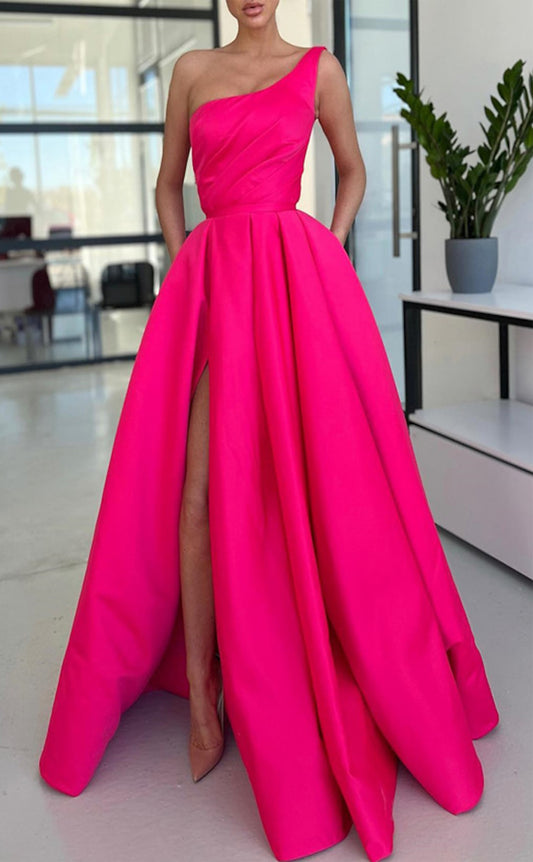 RP1671-Fashion Fuchsia A-Line One Shoulder Pleated Sleeveless Satin Prom Evening Dresses Formal Party Gowns With Slit