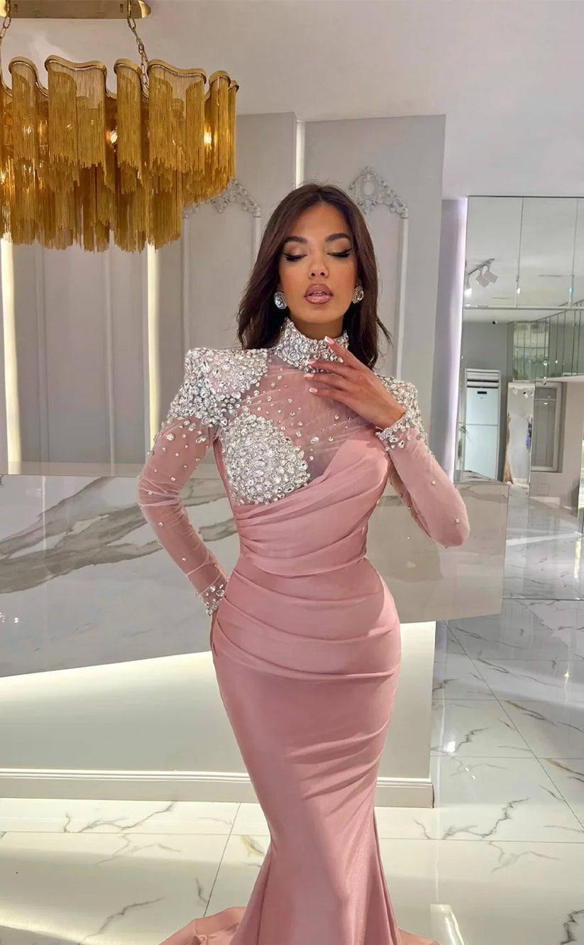 RP1692-Fashion Pink Mermaid High Neck Ruched Crystals Long Sleeves Satin Prom Evening Dresses Formal Party Gowns With Train