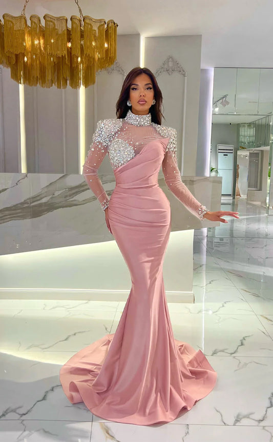 RP1692-Fashion Pink Mermaid High Neck Ruched Crystals Long Sleeves Satin Prom Evening Dresses Formal Party Gowns With Train