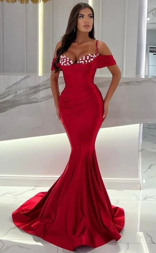 RP1688-Fashion Red Mermaid Spaghetti Ruched Crystals Sleeveless Prom Evening Dresses Formal Party Gowns With Train