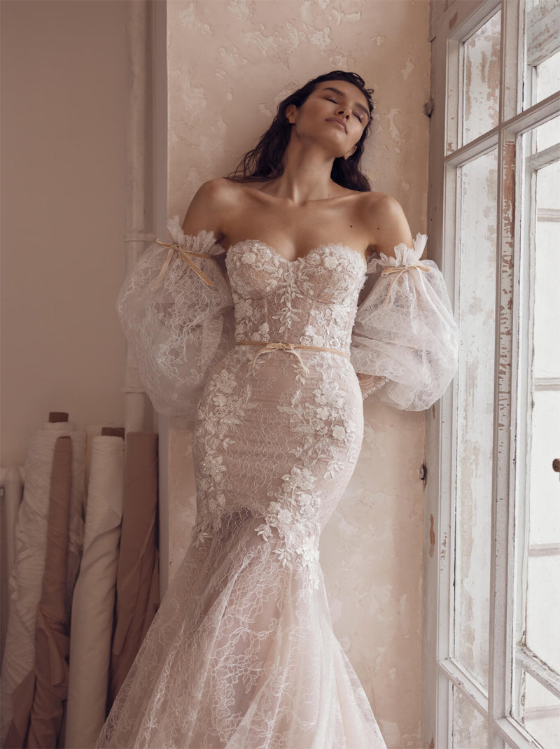 Gorgeous & Classic Mermaid Wedding Dresses Sweetheart Appliqued Beads Detachable Puffy Sleeves Tulle Sweep Train Bridal Gowns Custom