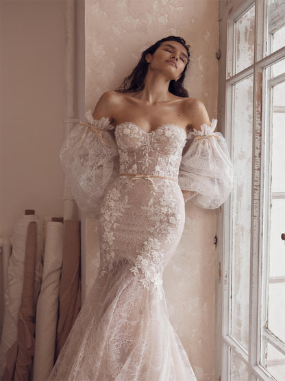 Gorgeous & Classic Mermaid Wedding Dresses Sweetheart Appliqued Beads Detachable Puffy Sleeves Tulle Sweep Train Bridal Gowns Custom