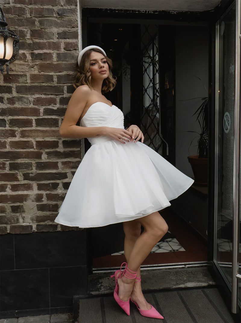 Cute Mini A-Line Wedding Dresses Sweetheart Pleated Ruched Zipper Sleeveless Short Organza Bridal Gowns Custom Made