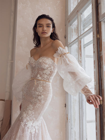 Gorgeous & Classic Mermaid Wedding Dresses Sweetheart Appliqued Beads Detachable Puffy Sleeves Tulle Sweep Train Bridal Gowns Custom