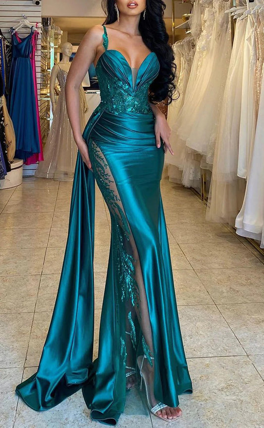 RP1679-Charming Green Mermaid Spaghetti Sequins Appliqued Sleeveless Satin Prom Evening Dresses Formal Party Gowns