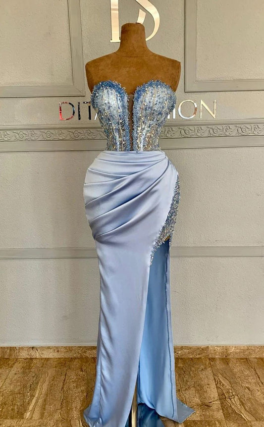 RP1681-New Sky Blue Mermaid Sweetheart Ruched Beaded Sleeveless Satin Prom Evening Dresses Formal Party Gowns With Slit