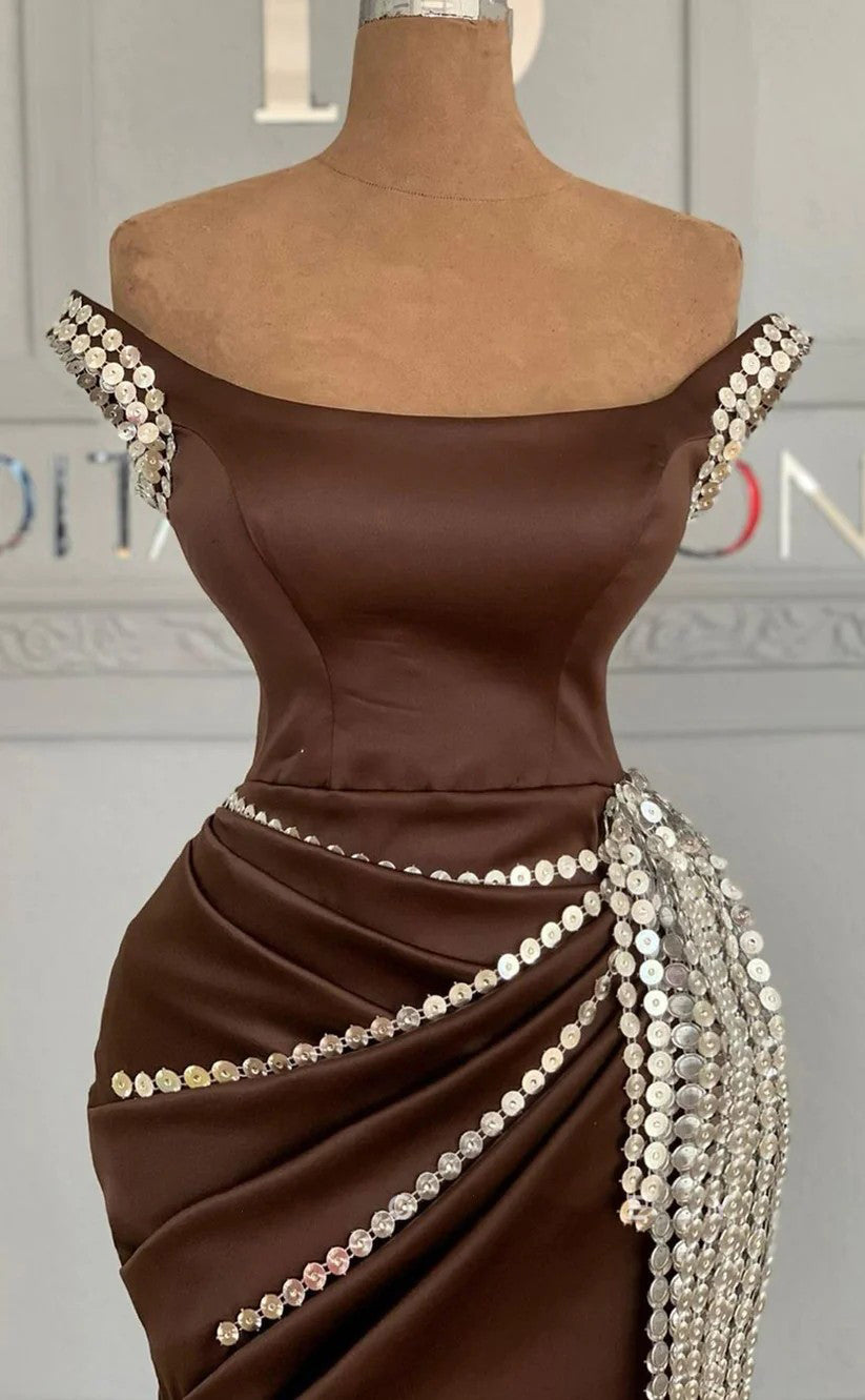 RP1682-New Brown Mermaid Off-the-Shoulder Ruched Sequined Sleeveless Satin Prom Evening Dresses Formal Party Gowns