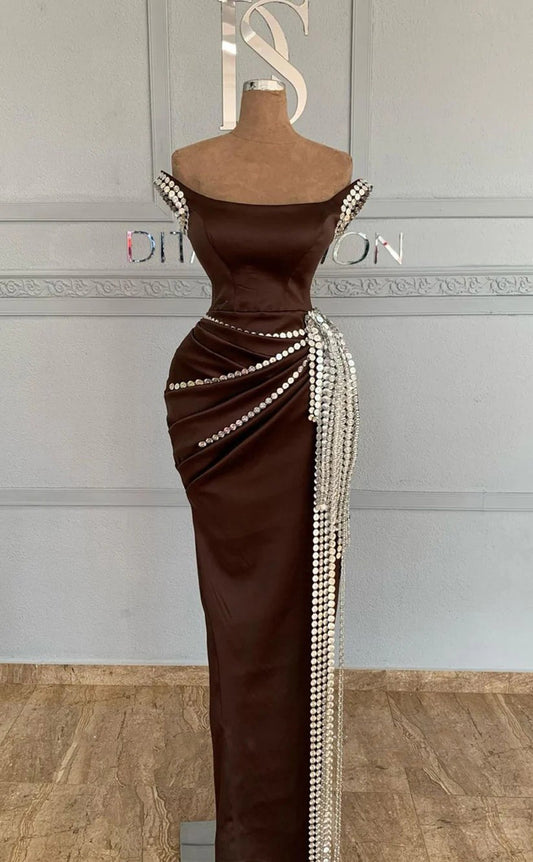 RP1682-New Brown Mermaid Off-the-Shoulder Ruched Sequined Sleeveless Satin Prom Evening Dresses Formal Party Gowns