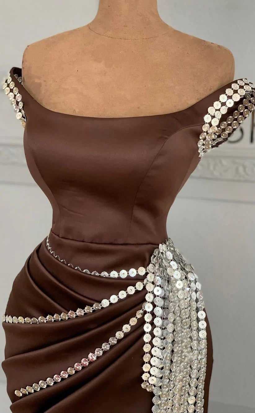 RP1682-New Brown Mermaid Off-the-Shoulder Ruched Sequined Sleeveless Satin Prom Evening Dresses Formal Party Gowns