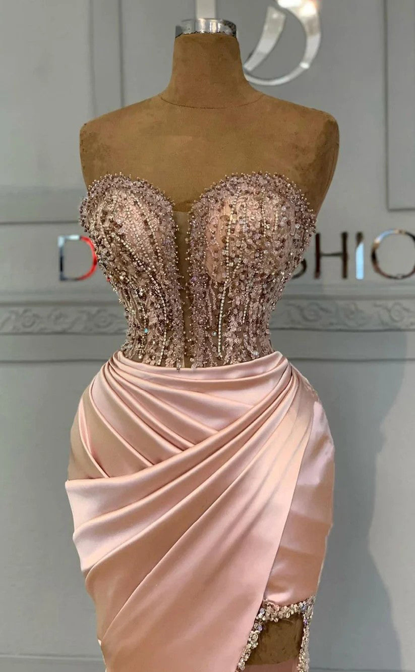 RP1683-New Powder Mermaid Sweetheart Ruched Beaded Sleeveless Satin Prom Evening Dresses Formal Party Gowns With Slit