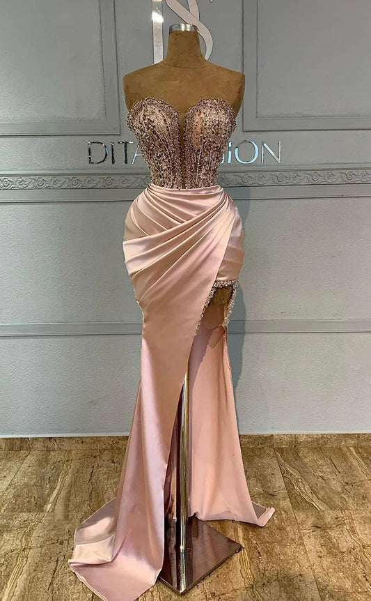 RP1683-New Powder Mermaid Sweetheart Ruched Beaded Sleeveless Satin Prom Evening Dresses Formal Party Gowns With Slit