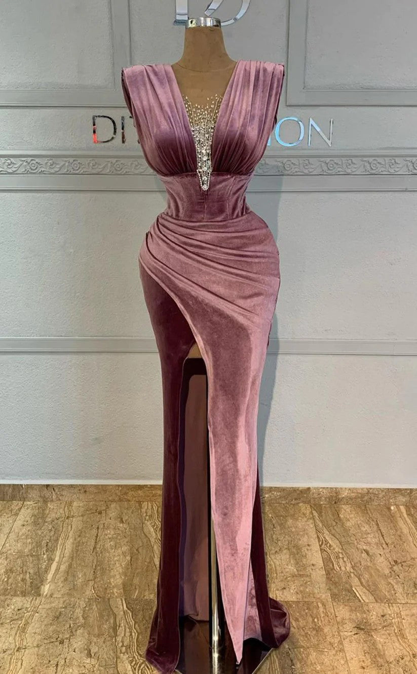 RP1684-Fashion Mermaid V-Neck Ruched Beaded Cap Sleeves Velvet Prom Evening Dresses Formal Party Gowns With Slit