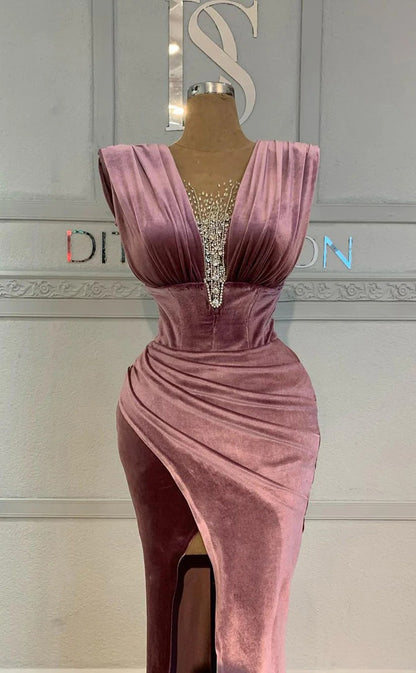 RP1684-Fashion Mermaid V-Neck Ruched Beaded Cap Sleeves Velvet Prom Evening Dresses Formal Party Gowns With Slit