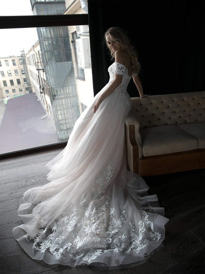 Modern A-Line Wedding Dresses Sweetheart Off The Shoulder Cap Sleeves Appliques Beaded Lace Up Tulle Court Train Bridal Gowns For Women