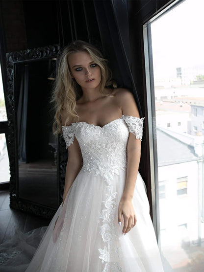 Modern A-Line Wedding Dresses Sweetheart Off The Shoulder Cap Sleeves Appliques Beaded Lace Up Tulle Court Train Bridal Gowns For Women