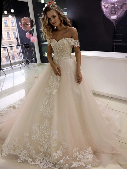 Modern A-Line Wedding Dresses Sweetheart Off The Shoulder Cap Sleeves Appliques Beaded Lace Up Tulle Court Train Bridal Gowns For Women