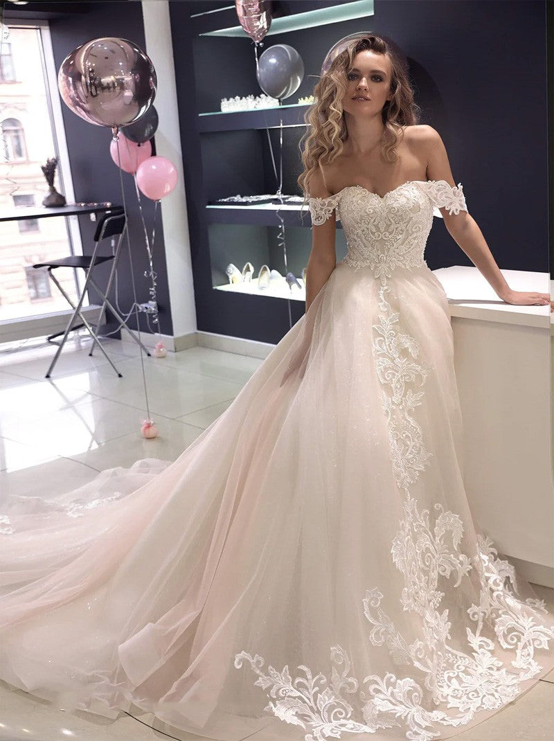 Modern A-Line Wedding Dresses Sweetheart Off The Shoulder Cap Sleeves Appliques Beaded Lace Up Tulle Court Train Bridal Gowns For Women