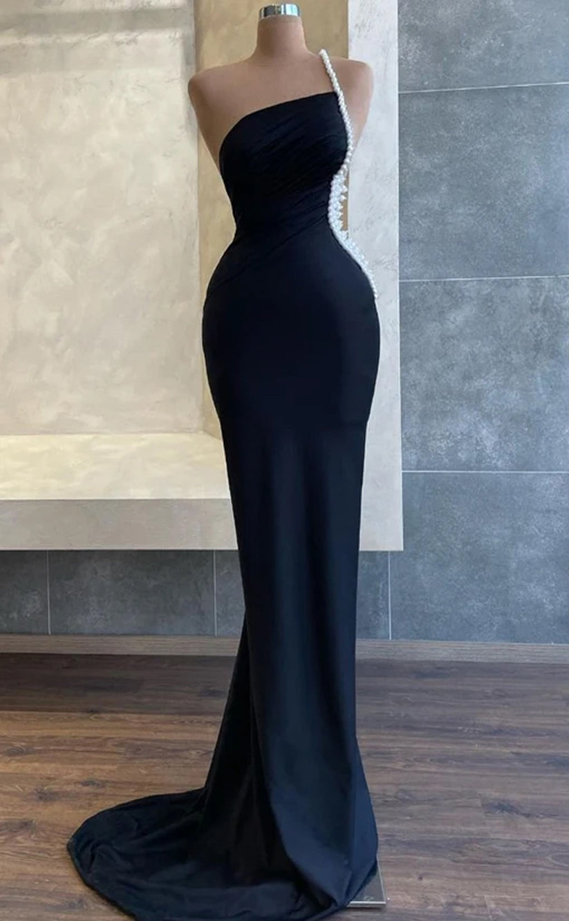 RP198-Black Mermaid One Shoulder Pearls Long Prom Evening Dresses Formal Party Gowns Custom