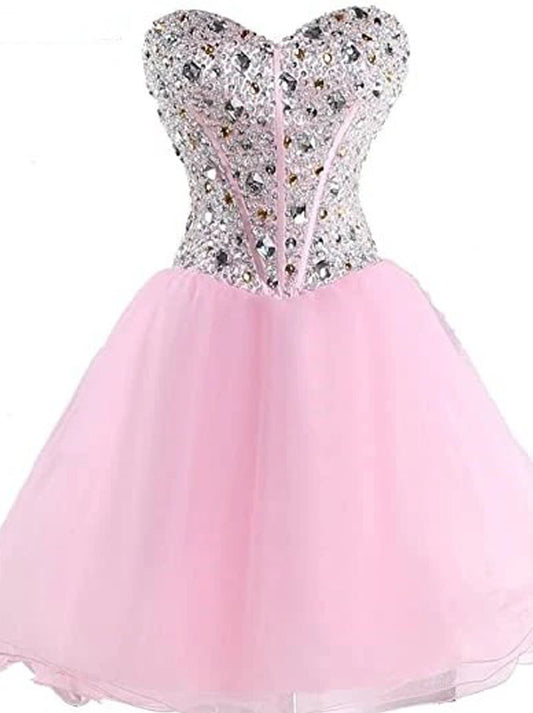 Cute Sparkly Mini A-Line Crystals Beaded Sweetheart Lace up Organza Short Homecoming Dresses Graduation Cocktail Formal Party Gowns Custom