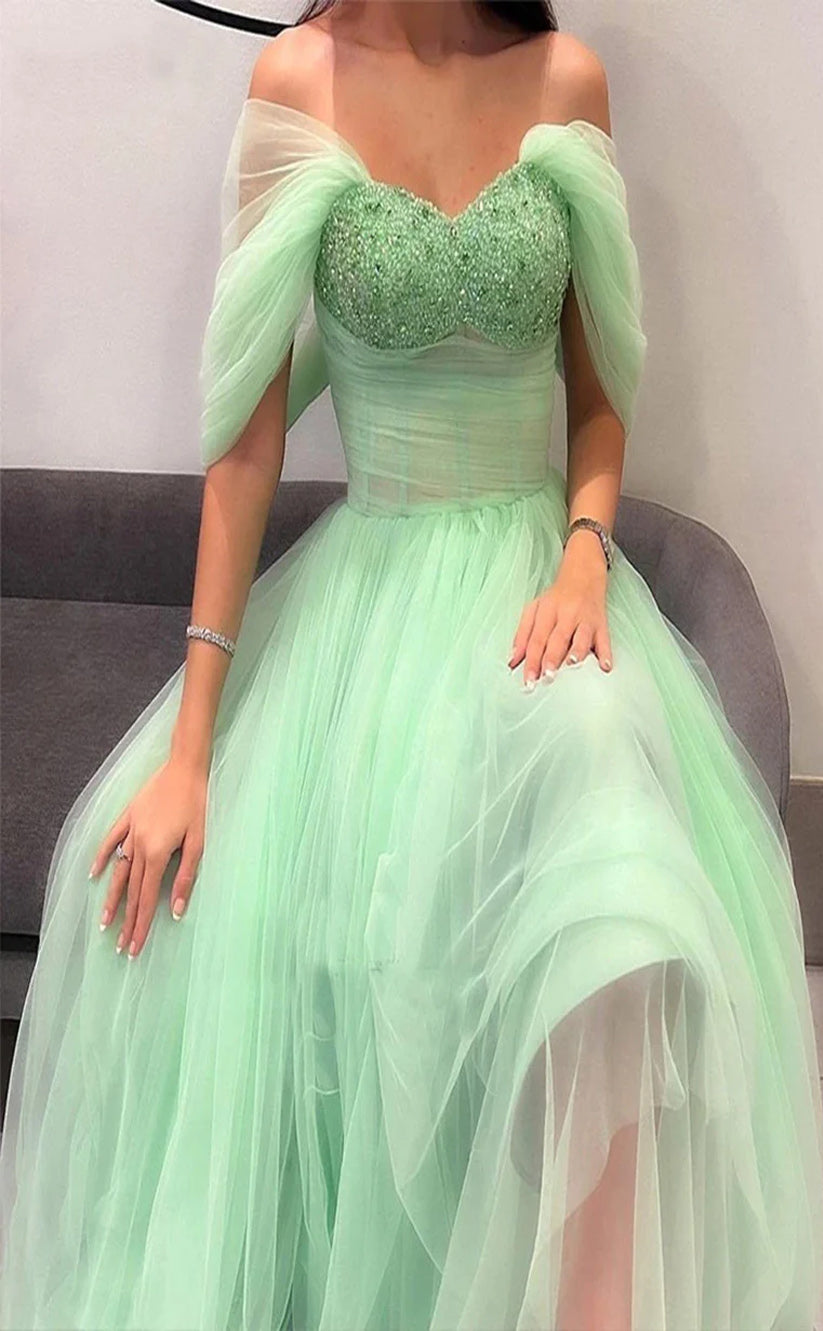 RP027-Mint A-Line Sweetheart Off the Shoulder Beads Crystals Lace up Back Tulle Tea Lenght Formal Prom Cocktail Dresses Party Gowns