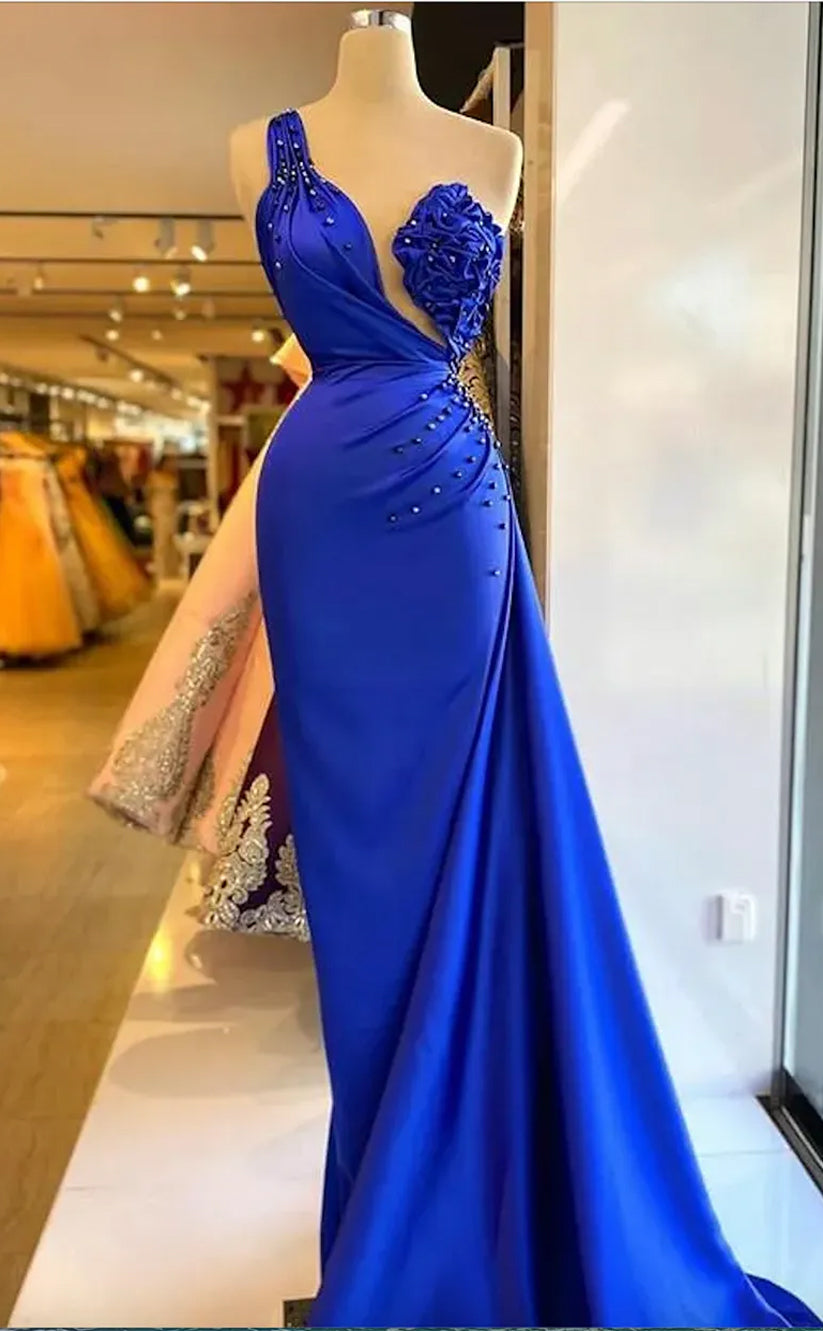 RP1265-Charming Royal Blue Mermaid One Shoulder Beaded Sleeveless Prom Evening Dresses Formal Party Gowns With Handmade Flowers