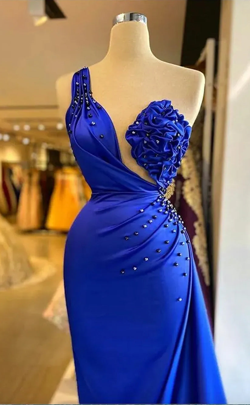 RP1265-Charming Royal Blue Mermaid One Shoulder Beaded Sleeveless Prom Evening Dresses Formal Party Gowns With Handmade Flowers