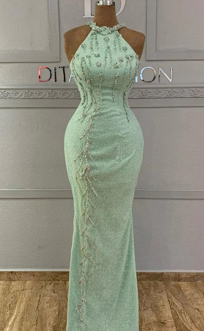 RP1267-Charming Green Mermaid High Neck Beads Crystals Sleeveless Prom Evening Dresses Formal Party Gowns