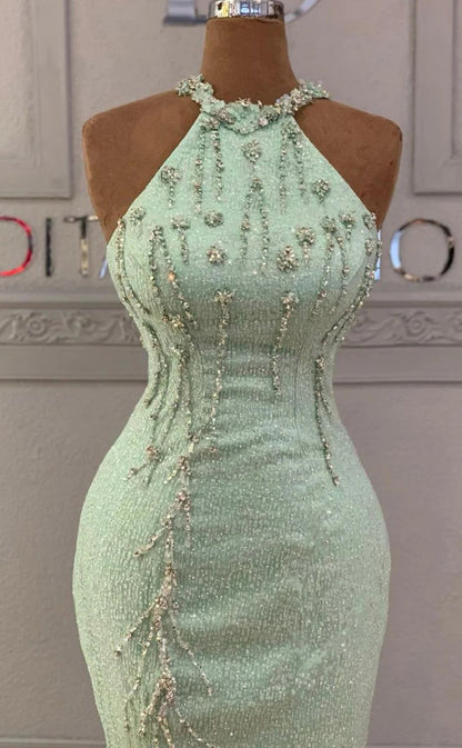 RP1267-Charming Green Mermaid High Neck Beads Crystals Sleeveless Prom Evening Dresses Formal Party Gowns