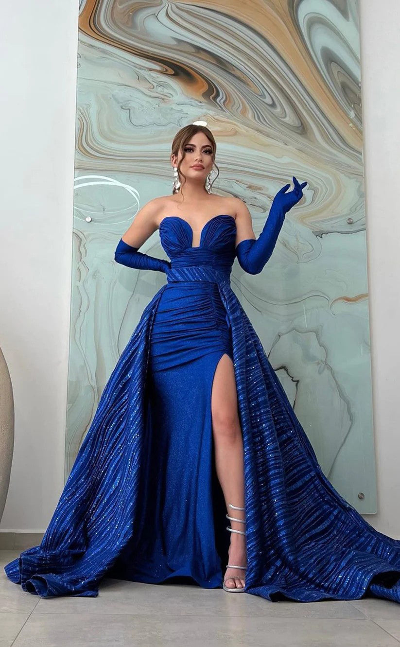 RP1270-Charming Royal Blue Mermaid Sweetheart Ruched Sleeveless Prom Evening Dresses Formal Party Gowns With Detachable Train