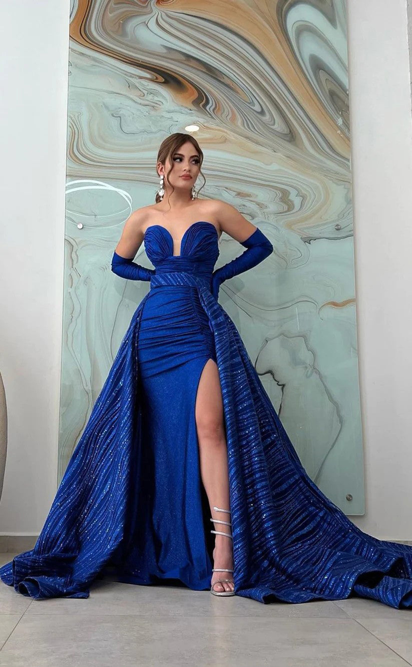 RP1270-Charming Royal Blue Mermaid Sweetheart Ruched Sleeveless Prom Evening Dresses Formal Party Gowns With Detachable Train