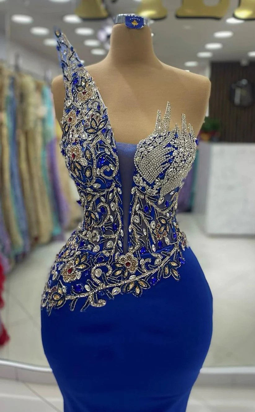 RP1272-Charming Royal Blue Mermaid Strapless Beaded Crystals Sleeveless Prom Evening Dresses Formal Party Gowns