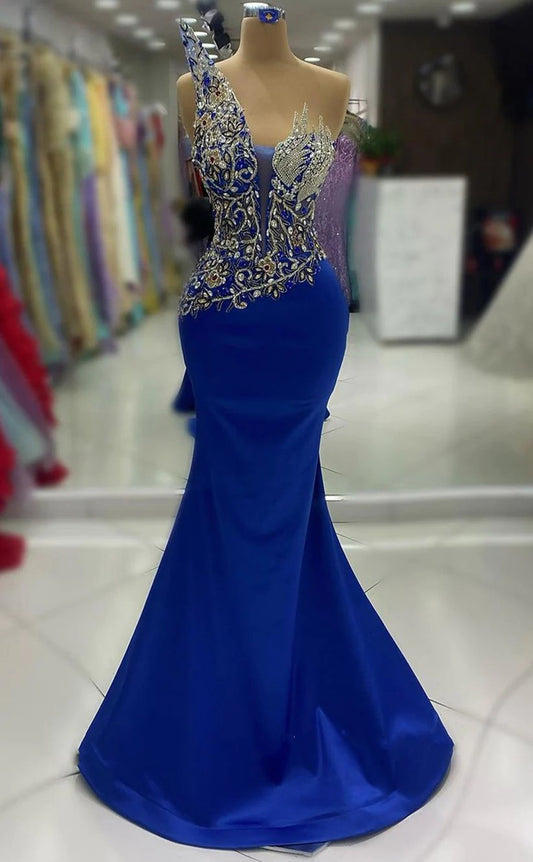 RP1272-Charming Royal Blue Mermaid Strapless Beaded Crystals Sleeveless Prom Evening Dresses Formal Party Gowns