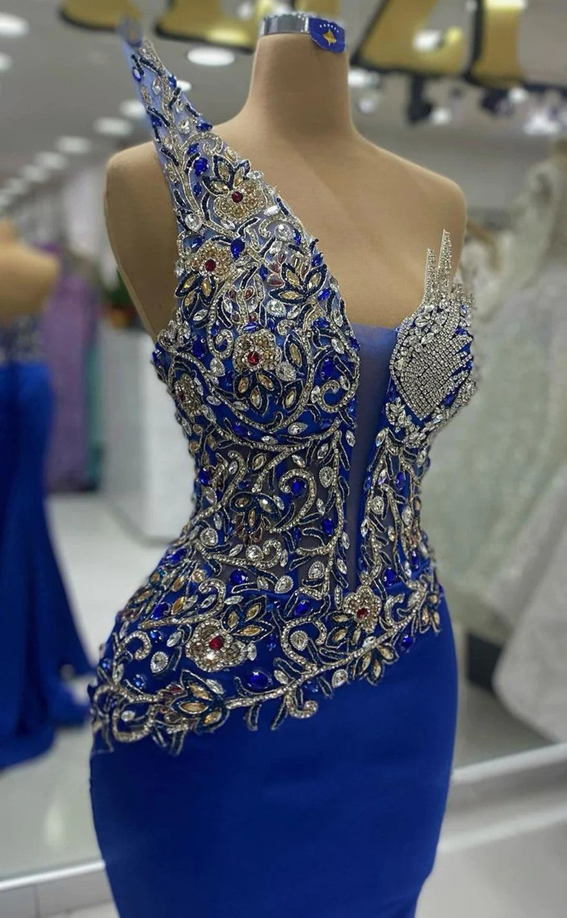 RP1272-Charming Royal Blue Mermaid Strapless Beaded Crystals Sleeveless Prom Evening Dresses Formal Party Gowns