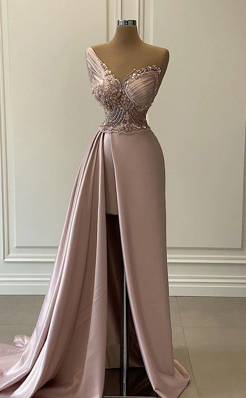 RP1271-Elegant Brown Mermaid One Shoulder Beaded Appliqued Sleeveless Prom Evening Dresses Formal Party Gowns With Slit