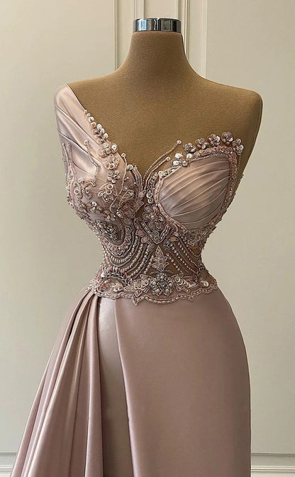 RP1271-Elegant Brown Mermaid One Shoulder Beaded Appliqued Sleeveless Prom Evening Dresses Formal Party Gowns With Slit