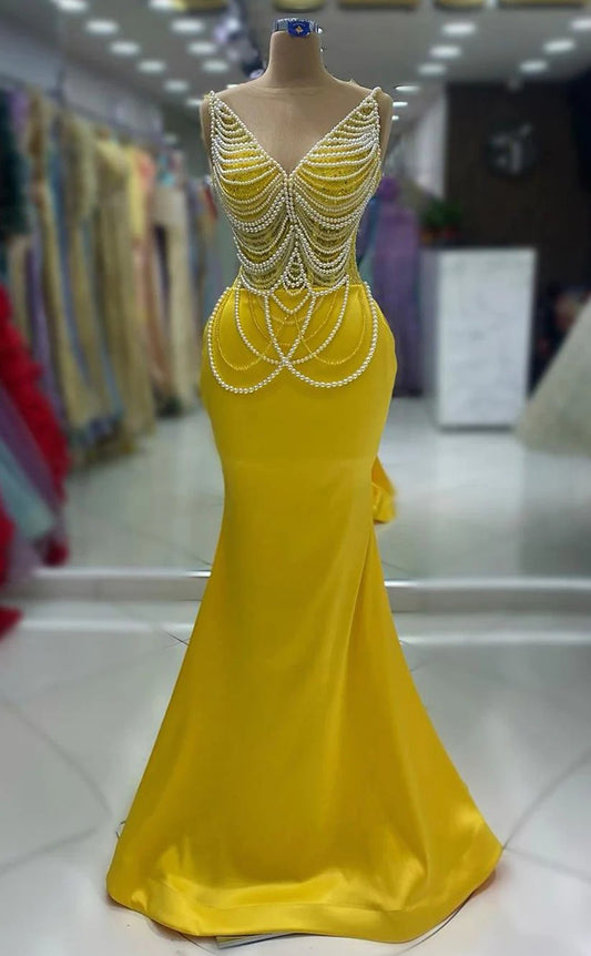 RP1274-Luxury Yellow Mermaid Scoop Pearls Tassel Sleeveless Prom Evening Dresses Formal Party Gowns