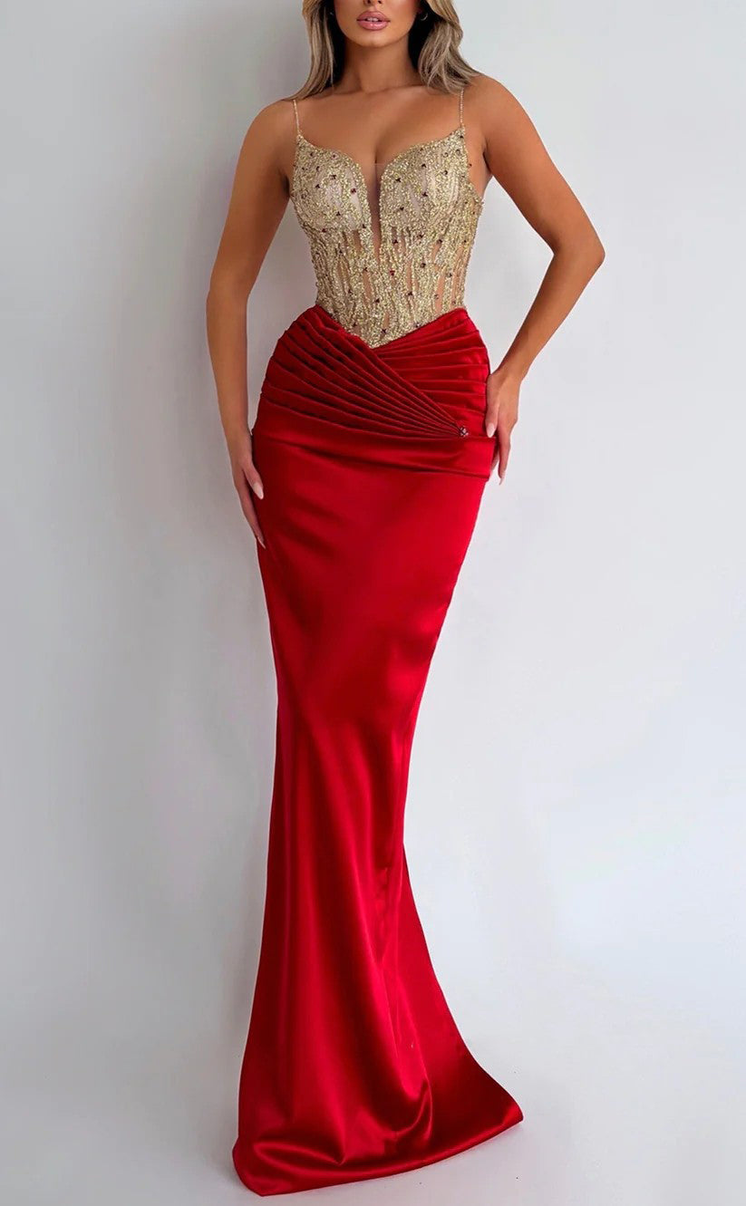 RP1276-Luxury Red Mermaid Spaghetti Sequins Ruched Sleeveless Prom Evening Dresses Formal Party Gowns