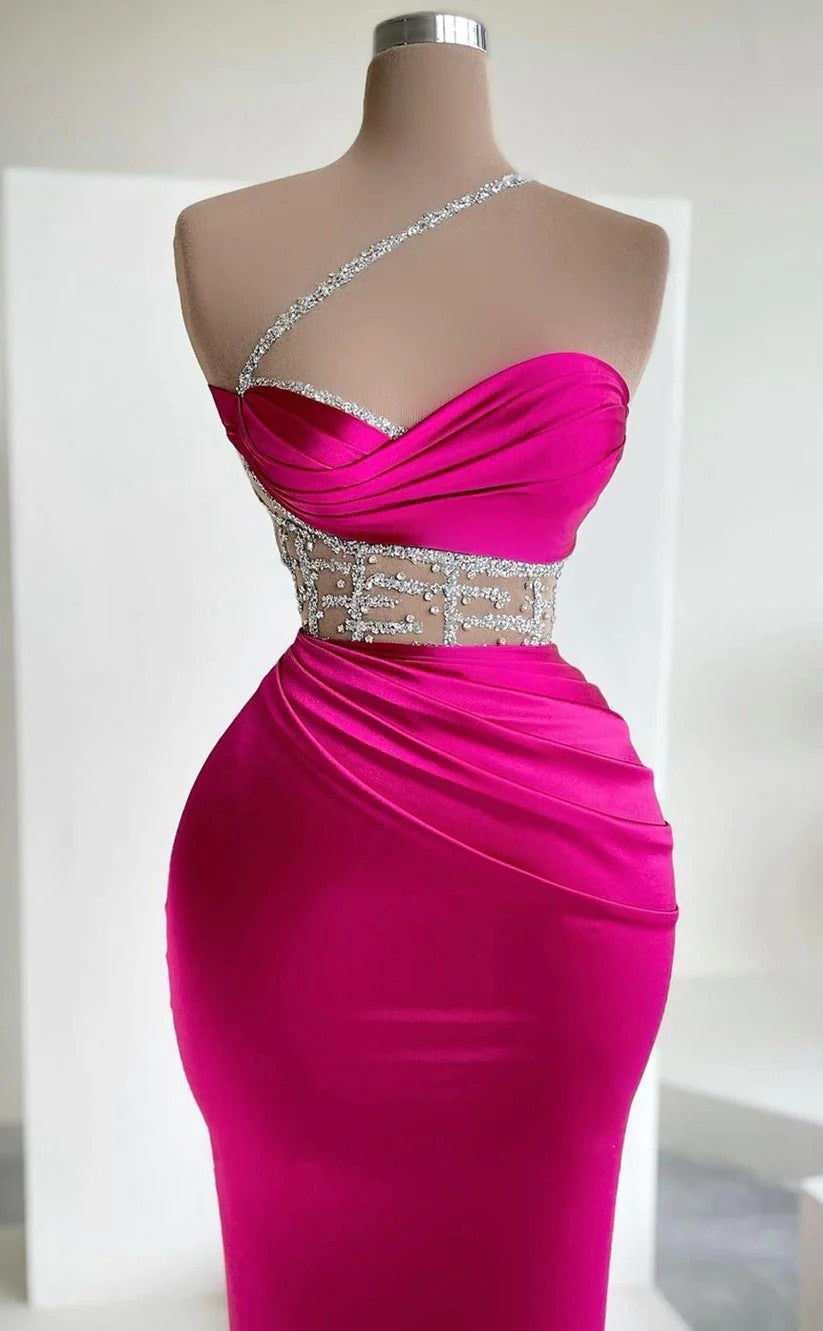 RP127-Elegant Fuchsia Mermaid One Shoulder Sequins Ruched Sleeveless Prom Evening Dresses Formal Party Gowns