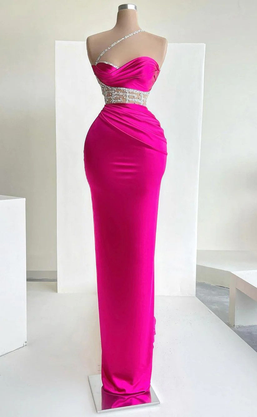 RP127-Elegant Fuchsia Mermaid One Shoulder Sequins Ruched Sleeveless Prom Evening Dresses Formal Party Gowns