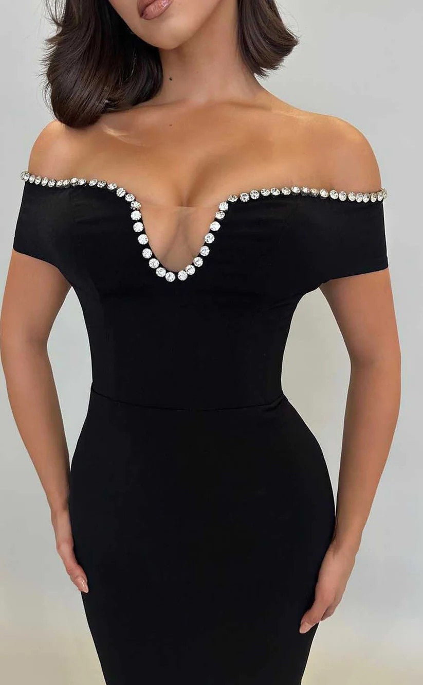 RP1281-Elegant Black Mermaid Off-the-Shoulder Crystals Cap Sleeves Prom Evening Dresses Formal Party Gowns