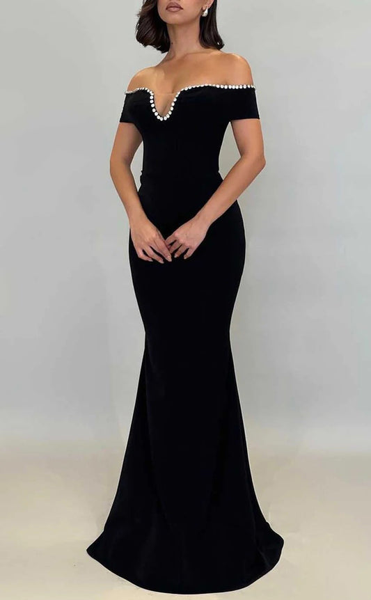 RP1281-Elegant Black Mermaid Off-the-Shoulder Crystals Cap Sleeves Prom Evening Dresses Formal Party Gowns