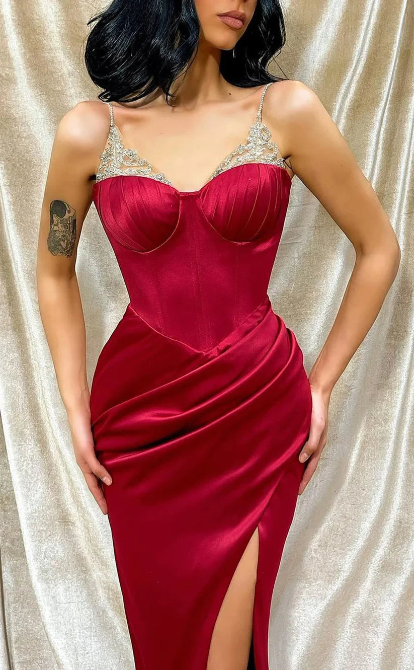 RP462-Classic Red Mermaid Spaghetti Beads Appliqued Sleeveless Floor Length Prom Evening Dresses Formal Party Gowns With Slit