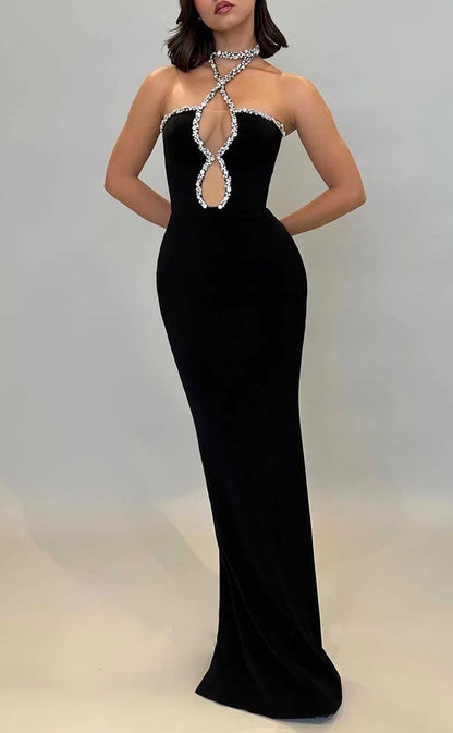 RP1282-Elegant Black Mermaid Halter Crystals Cap Sleeves Prom Evening Dresses Formal Party Gowns