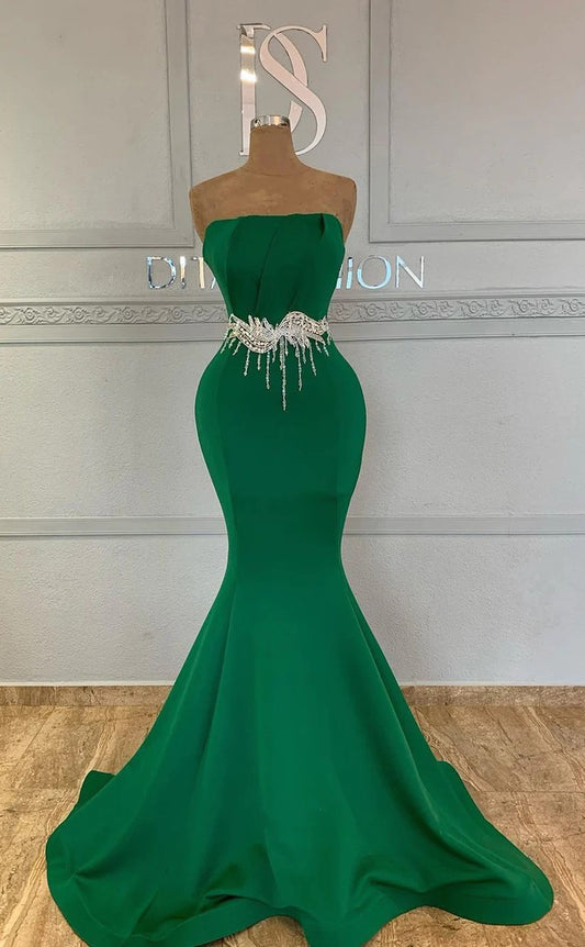 RP1240-Elegant Green Mermaid Strapless Crystals Ruched Sleeveless Satin Prom Evening Dresses Formal Party Gowns With Sash