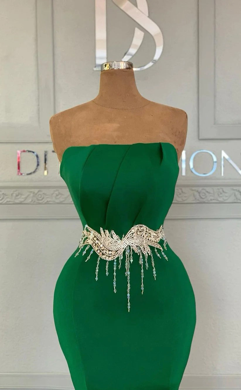 RP1240-Elegant Green Mermaid Strapless Crystals Ruched Sleeveless Satin Prom Evening Dresses Formal Party Gowns With Sash