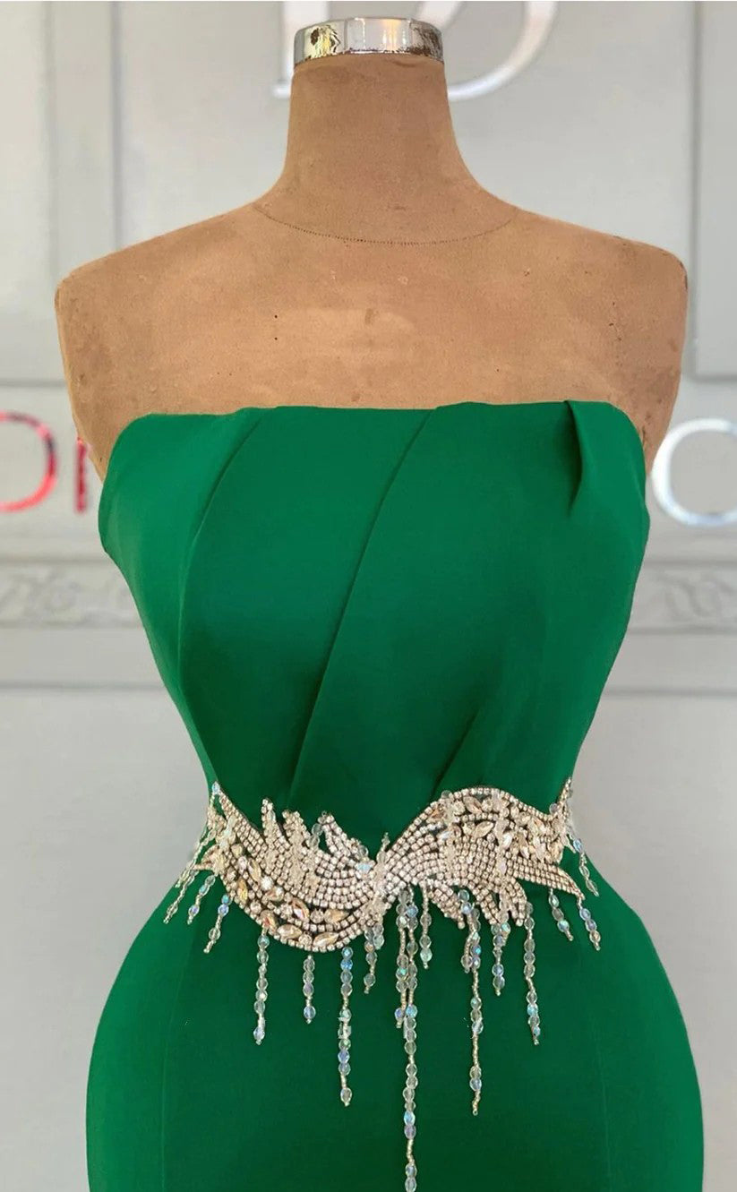 RP1240-Elegant Green Mermaid Strapless Crystals Ruched Sleeveless Satin Prom Evening Dresses Formal Party Gowns With Sash